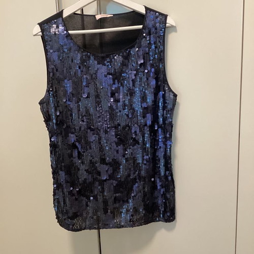 Laurel top new with knitted blue back and blue sequin front