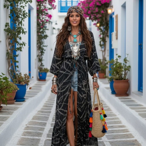 Rima Beachwear kimono wrap maxi dress, black and white