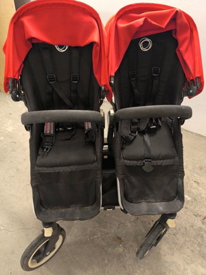 Bugaboo Donkey 2 Twin stroller used with full extra pack black red