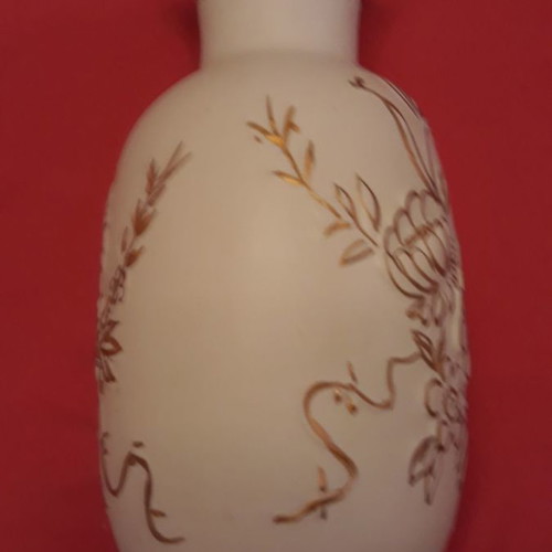 Limoges porcelain vase used, white matte with embossed gold flowers