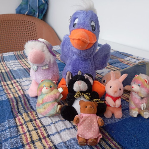 Set of eight retro plush toys, classic fuzzy figures from the 80s