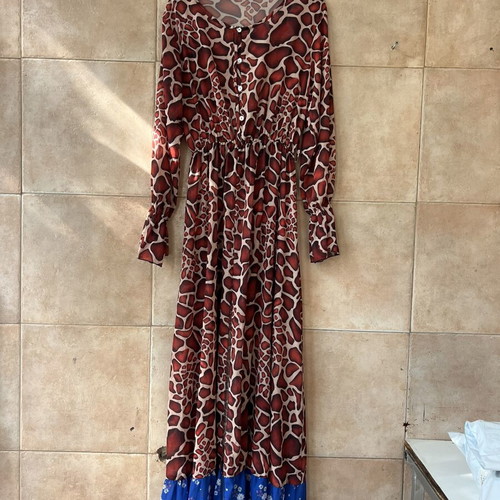 Brown kimono with blue floral hem, one size