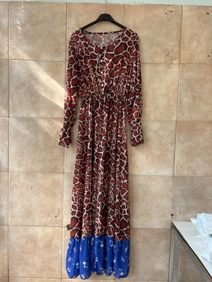Brown kimono with blue floral hem, one size
