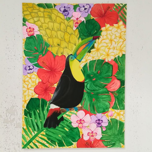 Painting Toucan Parrot with Tropical Leaves and Flowers, Acrylic, New