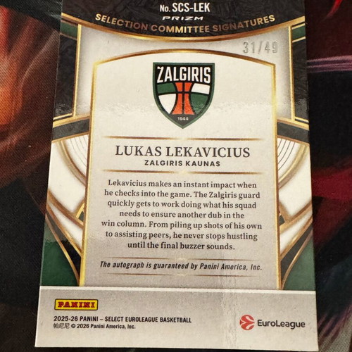 Lukas Lekavicius 2025-26 Select Euroleague White Ice Auto /49 card