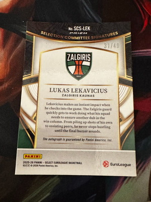 Lukas Lekavicius 2025-26 Select Euroleague White Ice Auto /49 card
