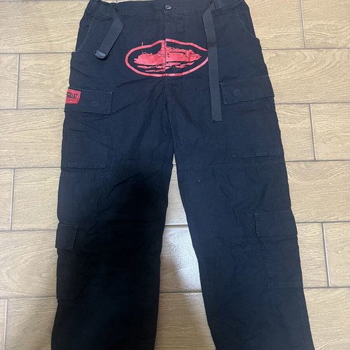 Corteiz cargo pants, black with red logo, medium-large