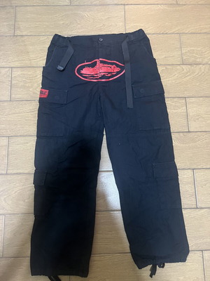 Corteiz cargo pants, black with red logo, medium-large