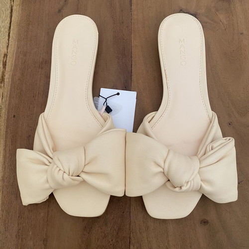 Mango flat mules with bow, size 38, new, beige