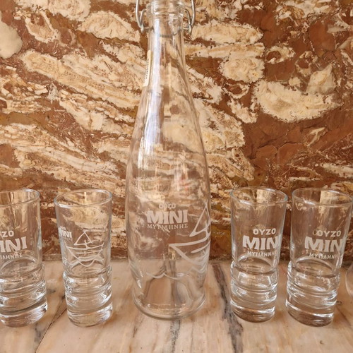 Ouzo Mini Mytilene set used, 7 pieces 80-90s