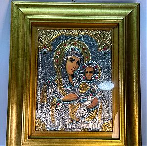 Αντίγραφο Βυζαντινής εικόνας από ασήμι 925 και χρυσό 24K Παναγία και Ιησούς Χριστός 48x40