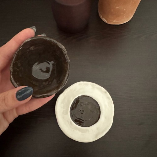 Handmade ceramic espresso cup with plate, new, cream and brown