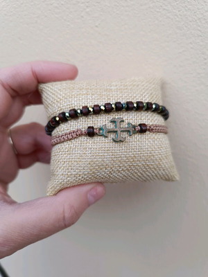 Handmade women's bracelet set with wooden beads, crystals and patina cross new