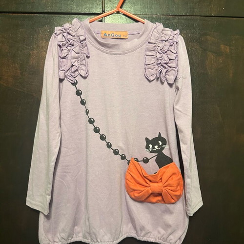 AnGou long-sleeve lilac blouse with 3D orange bow, like new, size 110 cm