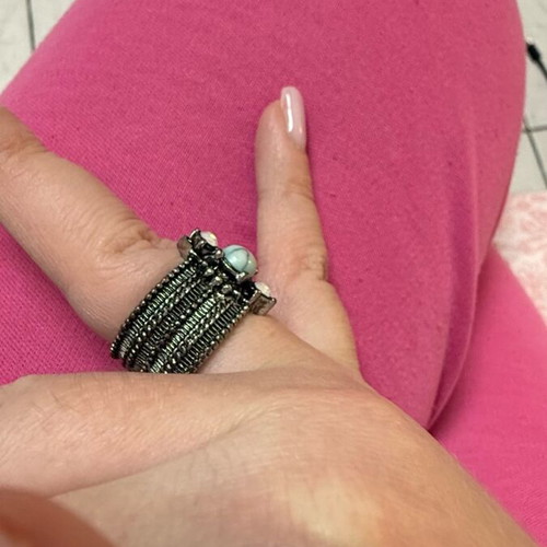 Vintage steel ring carved new with semi-precious gemstones