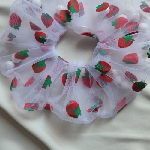 Handmade white transparent hair scrunchie with strawberries and glitter new