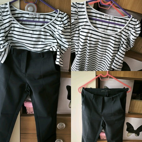 Zara pants with pink woman striped top, like new