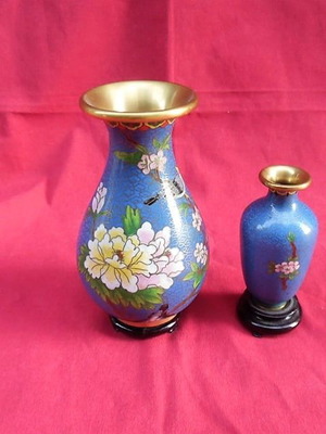 Two handmade cloisonné vases in blue with floral designs