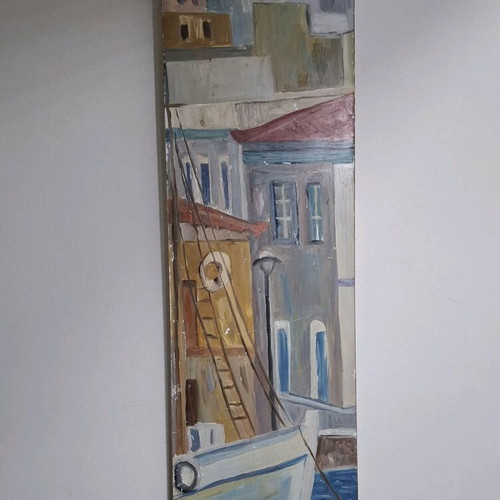 Vintage oil painting with Greek landscape and boat used