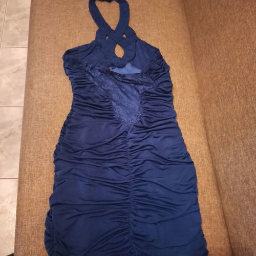 Evening dress used, blue with lace and ruching