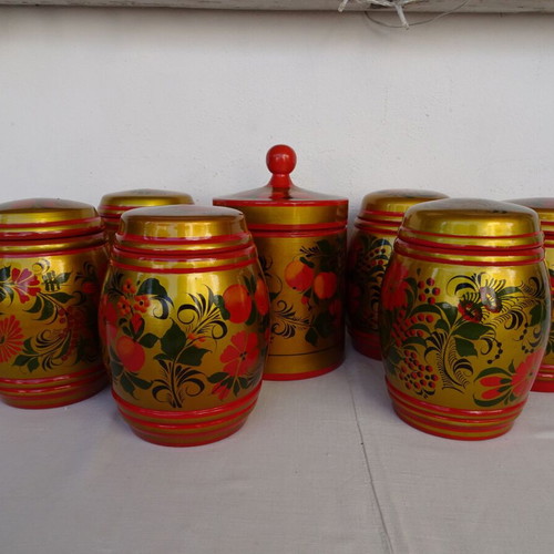 Khokhloma jars used, set of 7 wooden handmade vintage