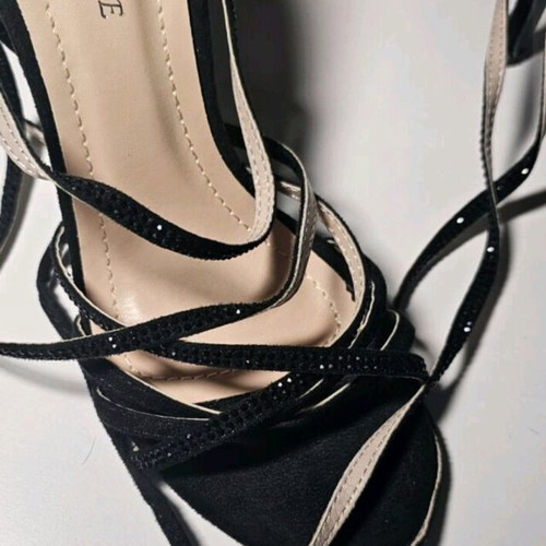 Strappy sandals new with high heel, rhinestones and long strap
