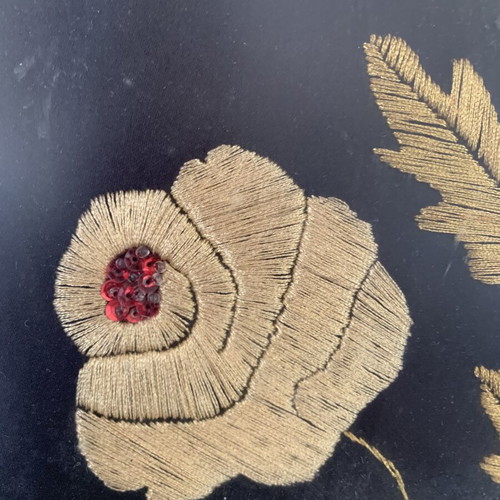 Handmade vintage embroidered textile painting with gold thread and sequins