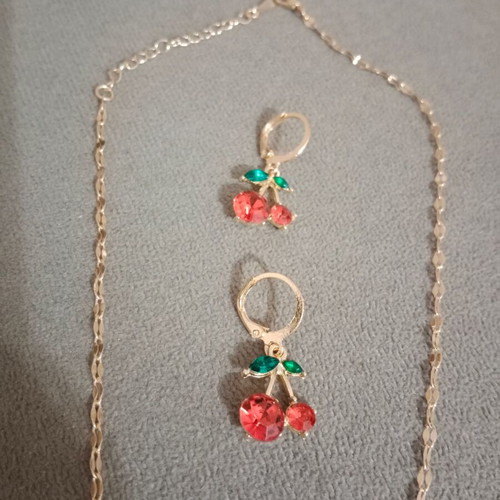 Cherry necklace and earrings set new, red and gold tone
