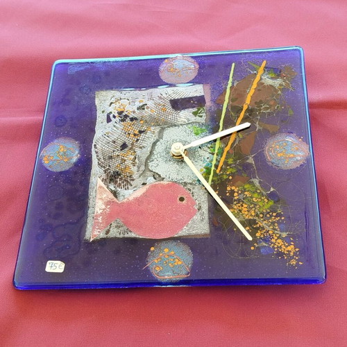 Wall clock handmade with blown glass and fish design, new