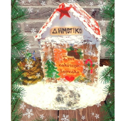 Christmas handmade wooden tabletop decoration with snowy school