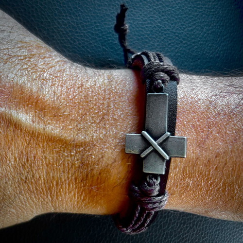 Genuine Brown Leather Cross Bracelet, M FORGE