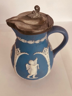 Wedgwood antique blue coffee or milk jug with pewter lid like new