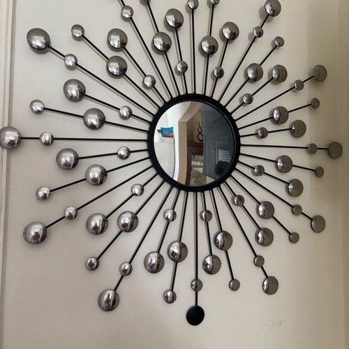 Decorative wall mirror and clock with handmade metal design, like new