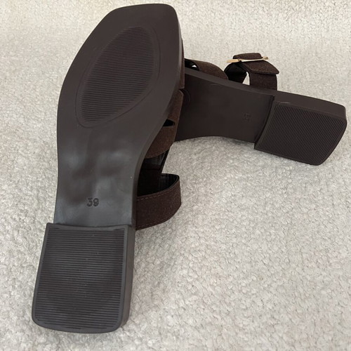 Fisherman brown flat sandals new, eco suede, gold buckle