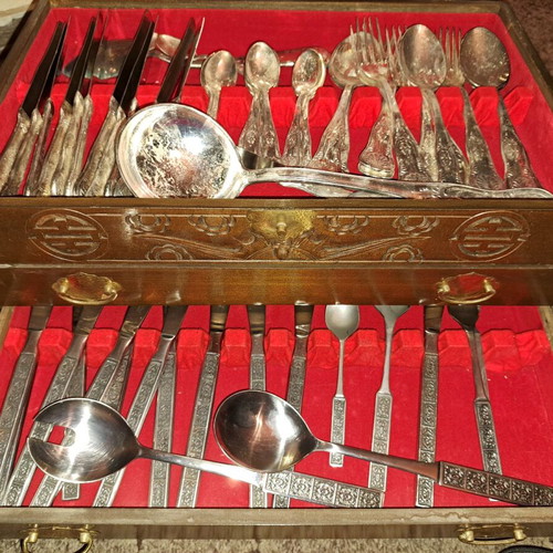 Carved antique box 40 years old like new, filled with silver cutlery