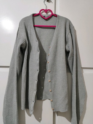 Grey cardigan used with silver thread and buttons