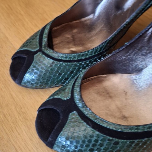 Pip Toe Kalogirou leather pumps used, black and dark green, size 39.5-40