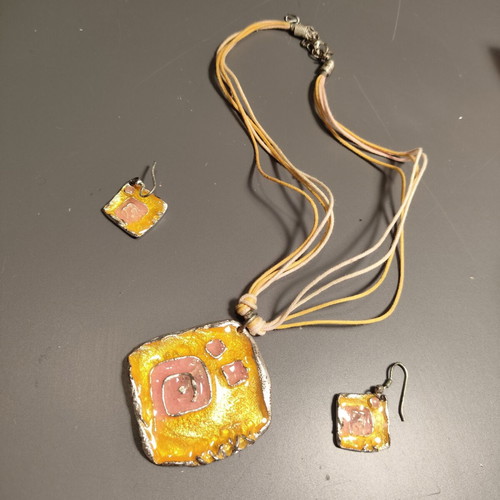 Handmade jewelry set with yellow and pink enamel pendant and earrings
