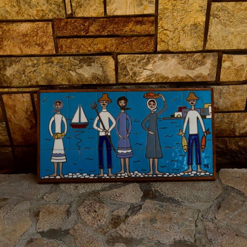 Ceramic artwork used, 12 handmade pieces with natural wood frame