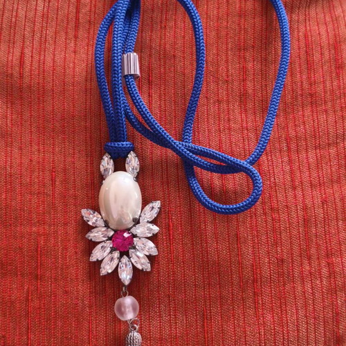 Statement necklace with blue cord, crystals & metal tassel, new