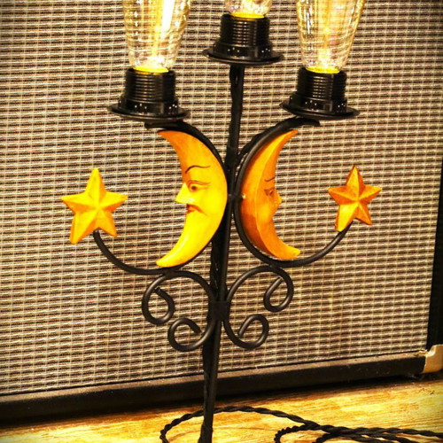 Vintage lamp with 3 Edison bulbs and carved moon designs