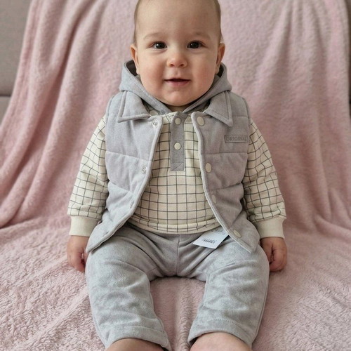 Cotton boy's set new 3-piece with hoodie blouse, pants and quilted vest