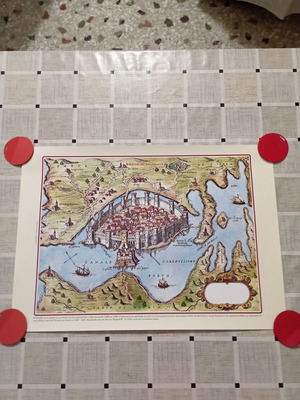 Decorative engraving of Chalkida with Venetian fortresses, new
