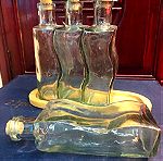  Vintage Σετ 5 τμχ. από 4 Μπουκάλια κουζίνας γυάλινα με πώμα φελλού και ξύλινη βάση..Αμεταχείριστα!