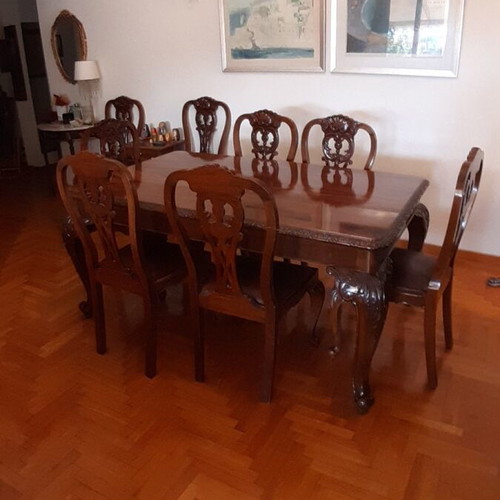 Antique 100-year-old dining set like new, solid walnut wood