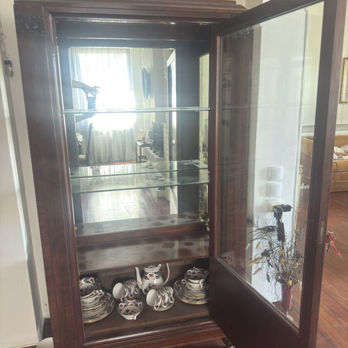 Vintage wooden display cabinet used with glass door and shelves