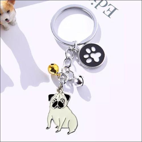 Pug dog keychain new with paw and bells
