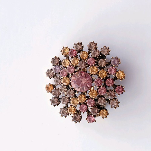 Vintage 60ies flower brooch in gold antique color like new with colorful rhinestones