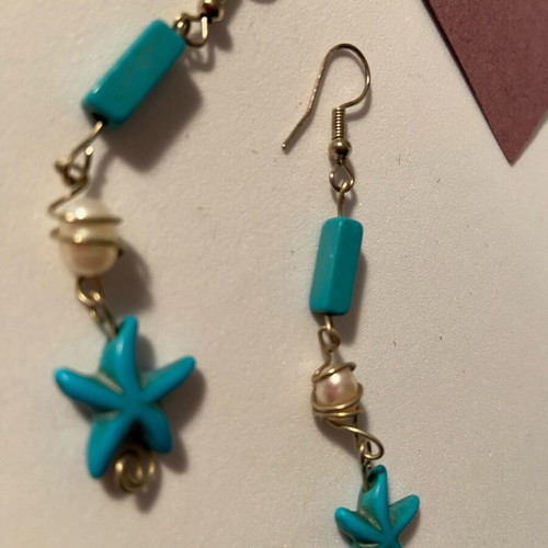 Earrings with turquoise stars and real pearl handmade