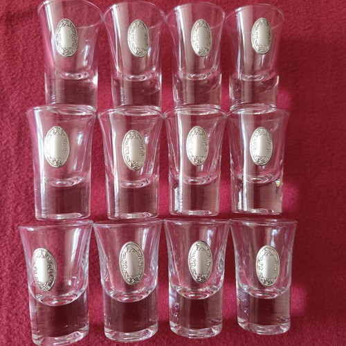 Liqueur decanter and 12 glasses crystal with silver decoration like new